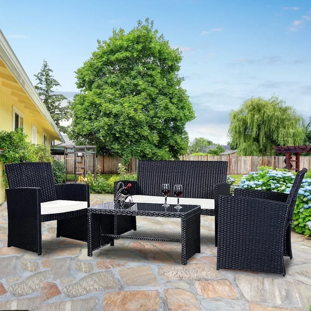 4-Piece Rattan Patio Furniture Set Outdoor Wicker Sofa Coffee Table