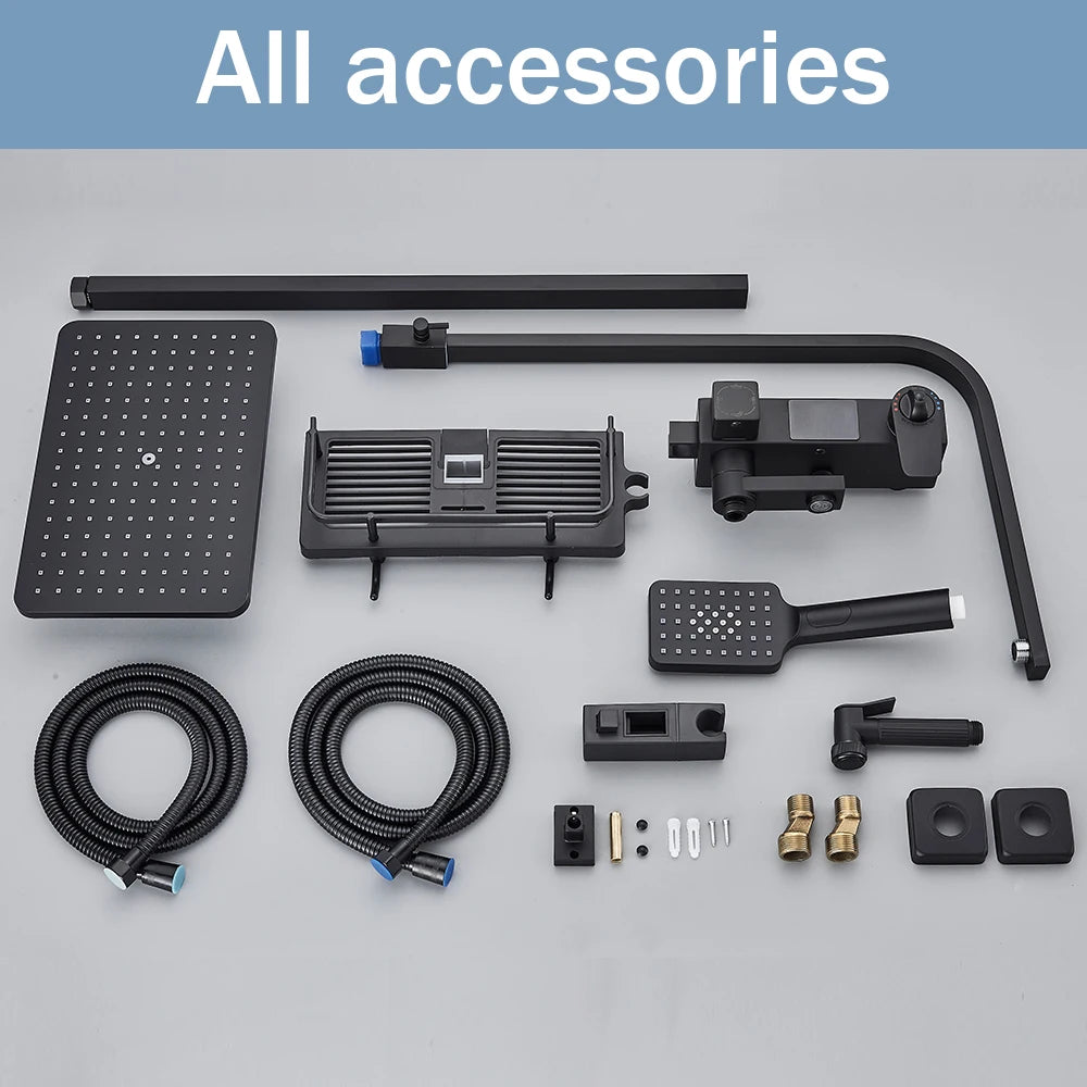 Black Digital Display Thermostatic Shower Faucet Rainfall Mixer Tap