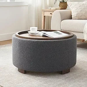 30 Inch Round Storage Ottoman Coffee Table Modern Boucle Lift-Off Lid