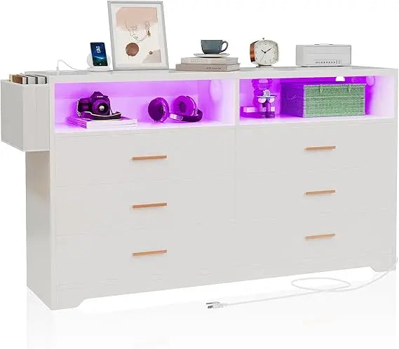 6 Drawer Dresser Charging Station Modern Chest of Drawers LED Lights