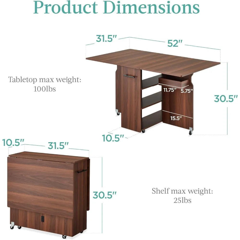 Folding Dining Table Space Saving Drop Leaf Desk with Wheels Storage Shelves