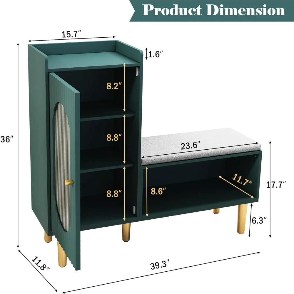 Modern Entryway Storage Bench with Glass Door and Padded Seat
