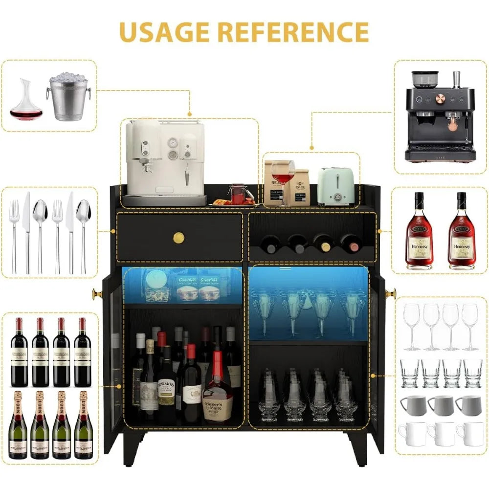 Small Black Bar Cabinet Modern Liquor Storage with LED Light Farmhouse Style