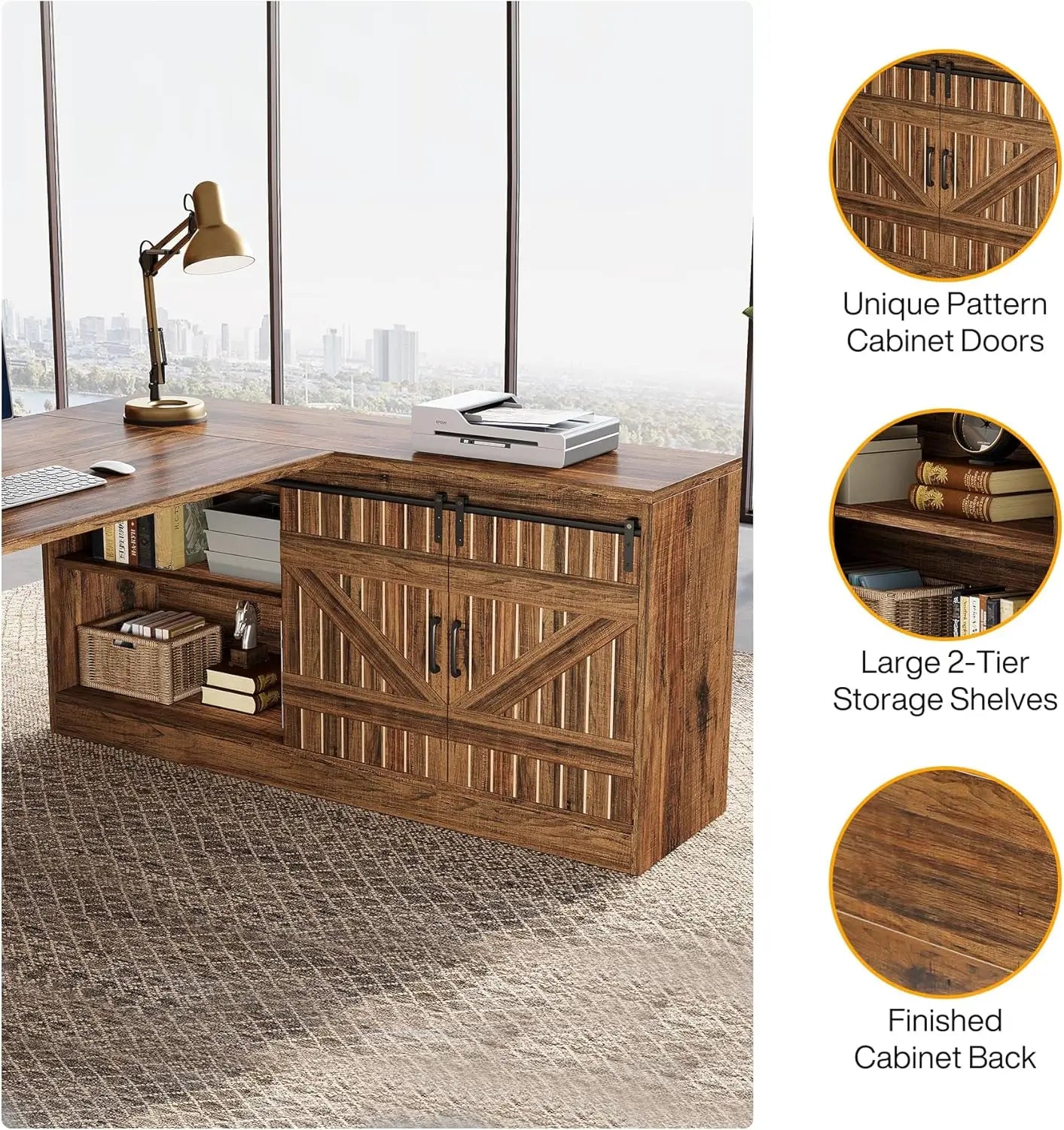 L-Shaped Executive Desk 70.9 Inch Mid-Century Farmhouse Office Furniture