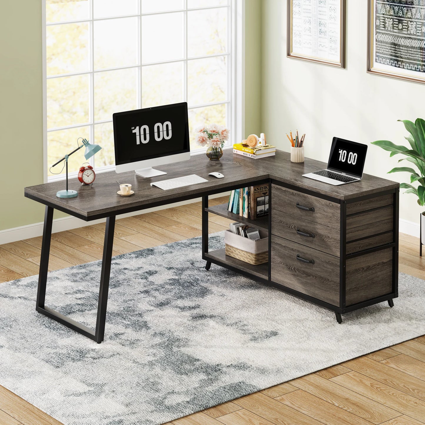 Ljustra L-Shaped Computer Desk with 3 Drawers Reversible Corner Desk