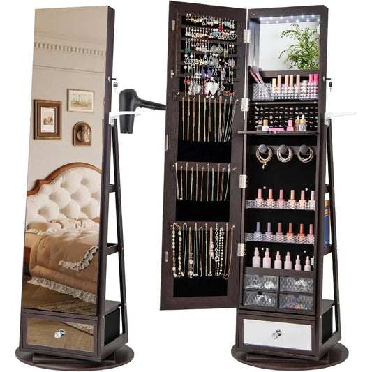 360 Swivel Jewelry Cabinet Armoire Full Length Mirror Organizer LED