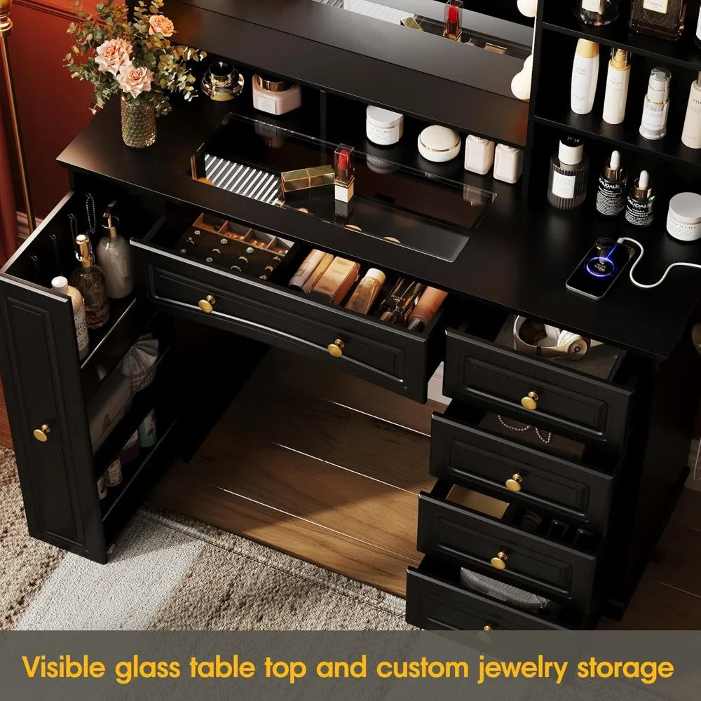 Makeup Vanity with Mirror and Lights Large Black Dressing Table