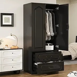 Large Wooden Wardrobe Closet with Drawers and Hanging Rod 70 Inch