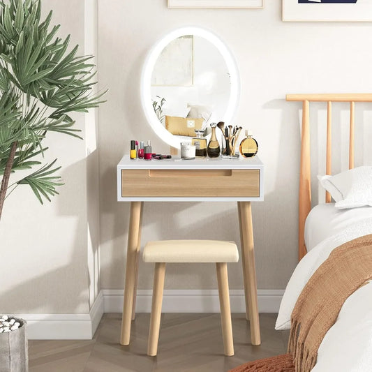 Makeup Vanity Table Set with Adjustable Lighted Mirror and Stool