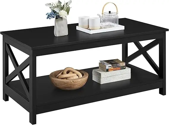 Wood 2-Tier Coffee Table with Storage Shelf Modern X Design Living Room
