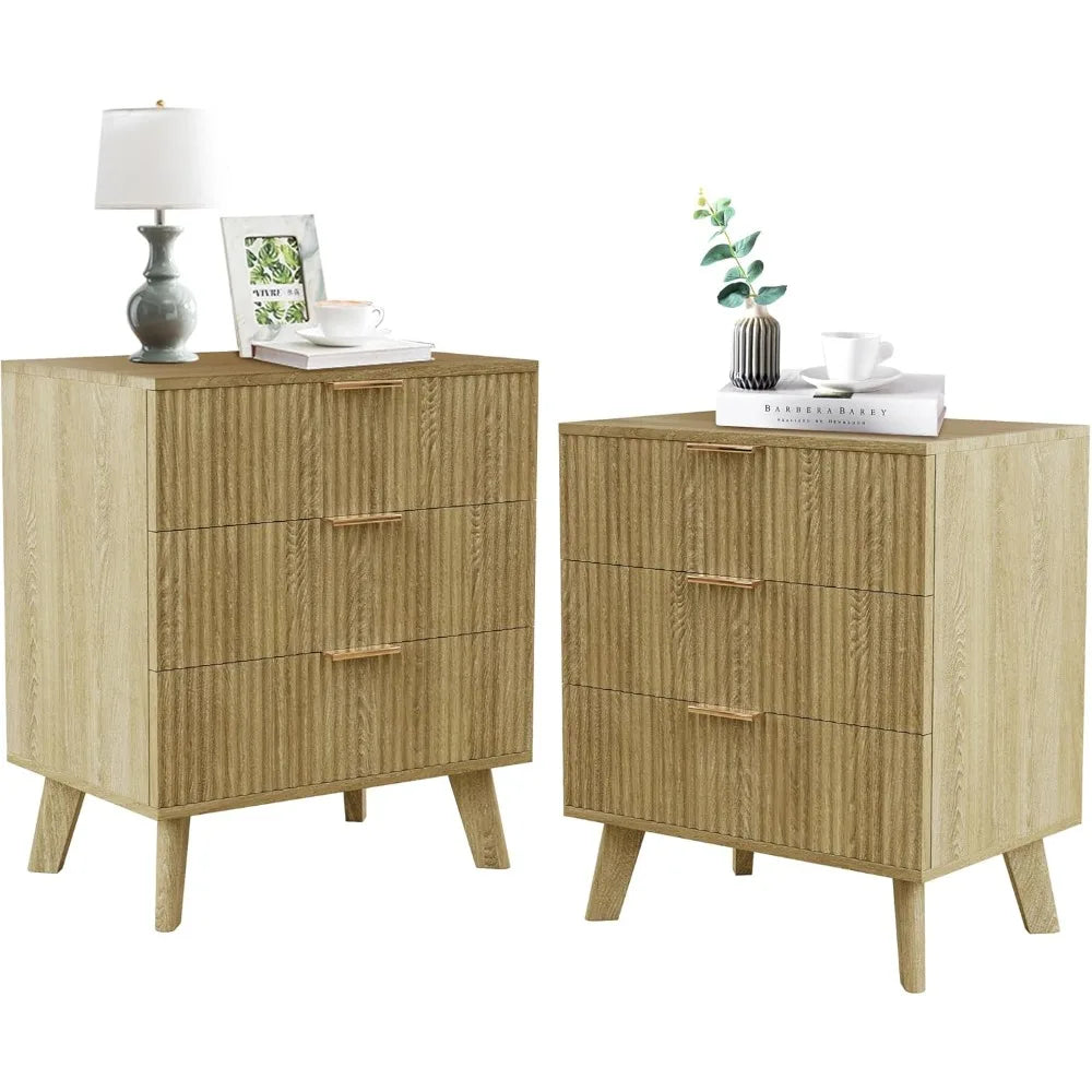 Mid Century Modern 3 Drawer Dresser Nightstand Storage Cabinet Set of 2