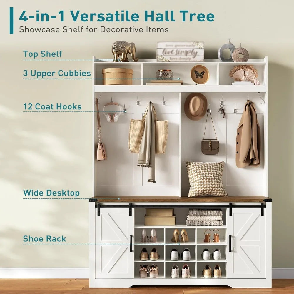 Farmhouse 58-Inch Entryway Hall Tree with LED Lighting Storage Bench