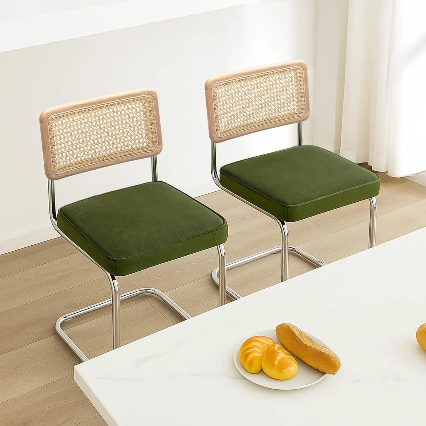 Natural Rattan Bar Stools Set of 2 Modern Boho Velvet Counter Chairs