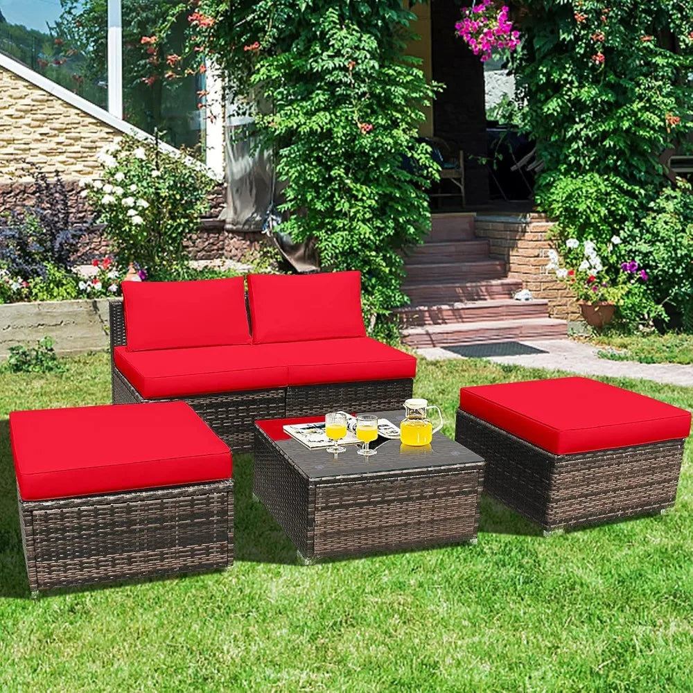 5 Piece Wicker Lounge Chair Set with Glass Coffee Table Outdoor Furniture