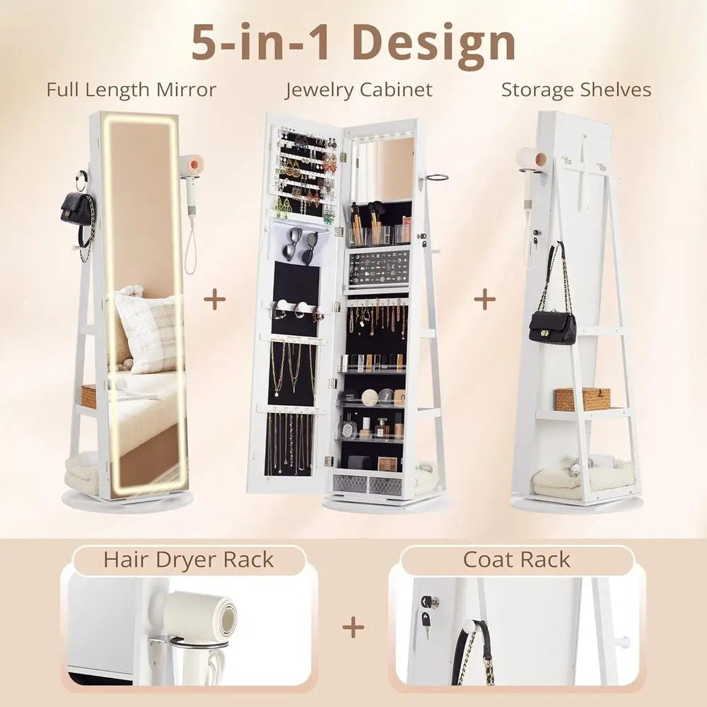 Ljustra LED Mirror Jewelry Cabinet 360° Swivel Lockable Armoire