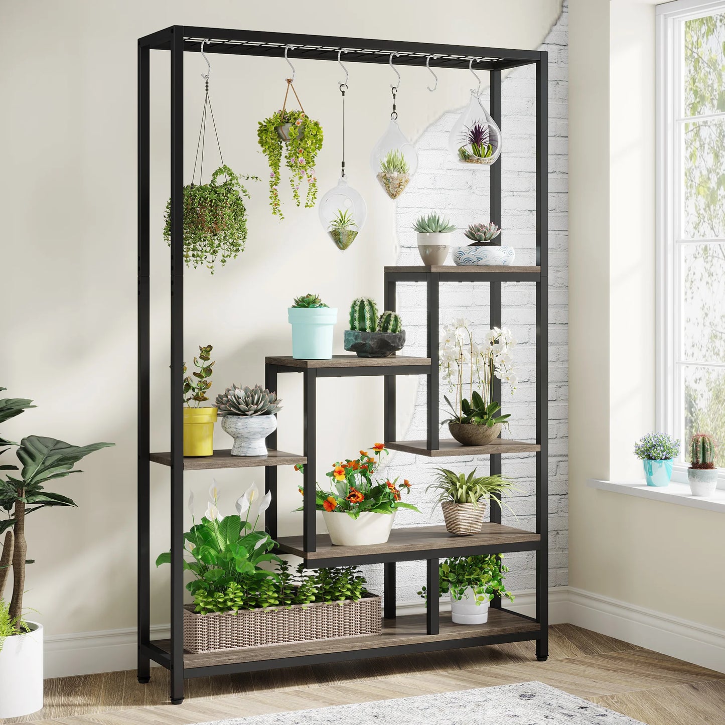 Ljustra 5 Tier Tall Indoor Plant Stand Shelf with Hanging Hooks
