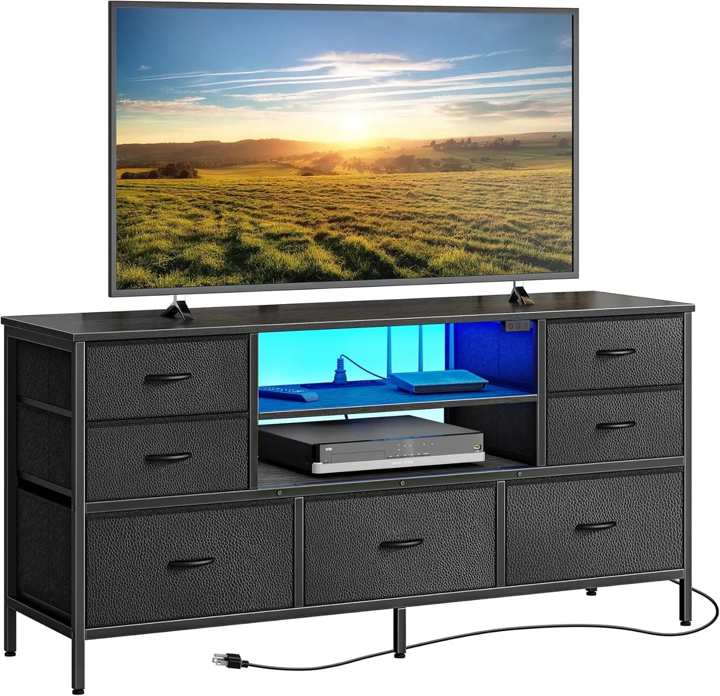 Modern TV Stand with Power Outlets LED Lights 7 Drawer Console
