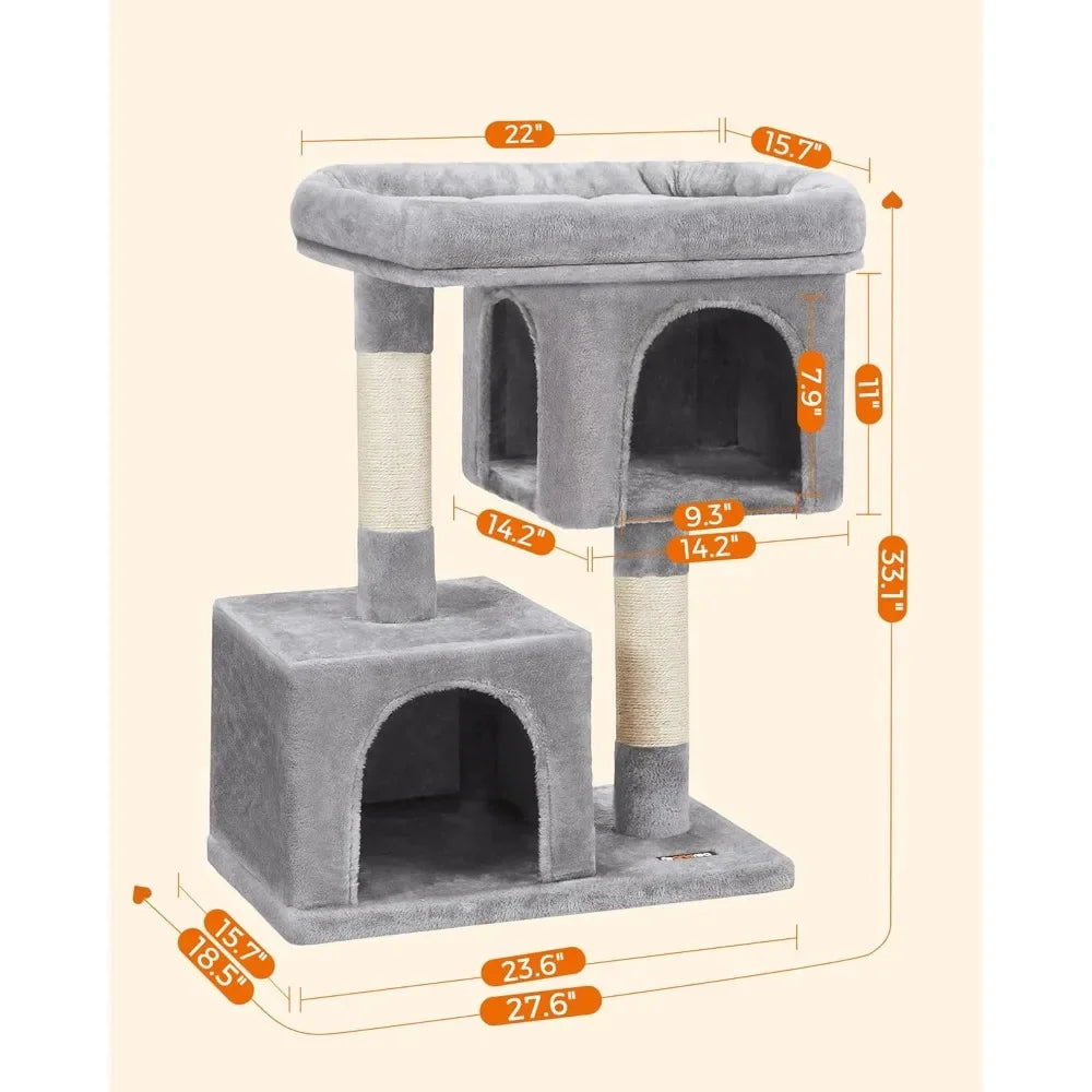 Cat Tree Tower for Large Cats 33.1 Inch with Caves and Scratching Post