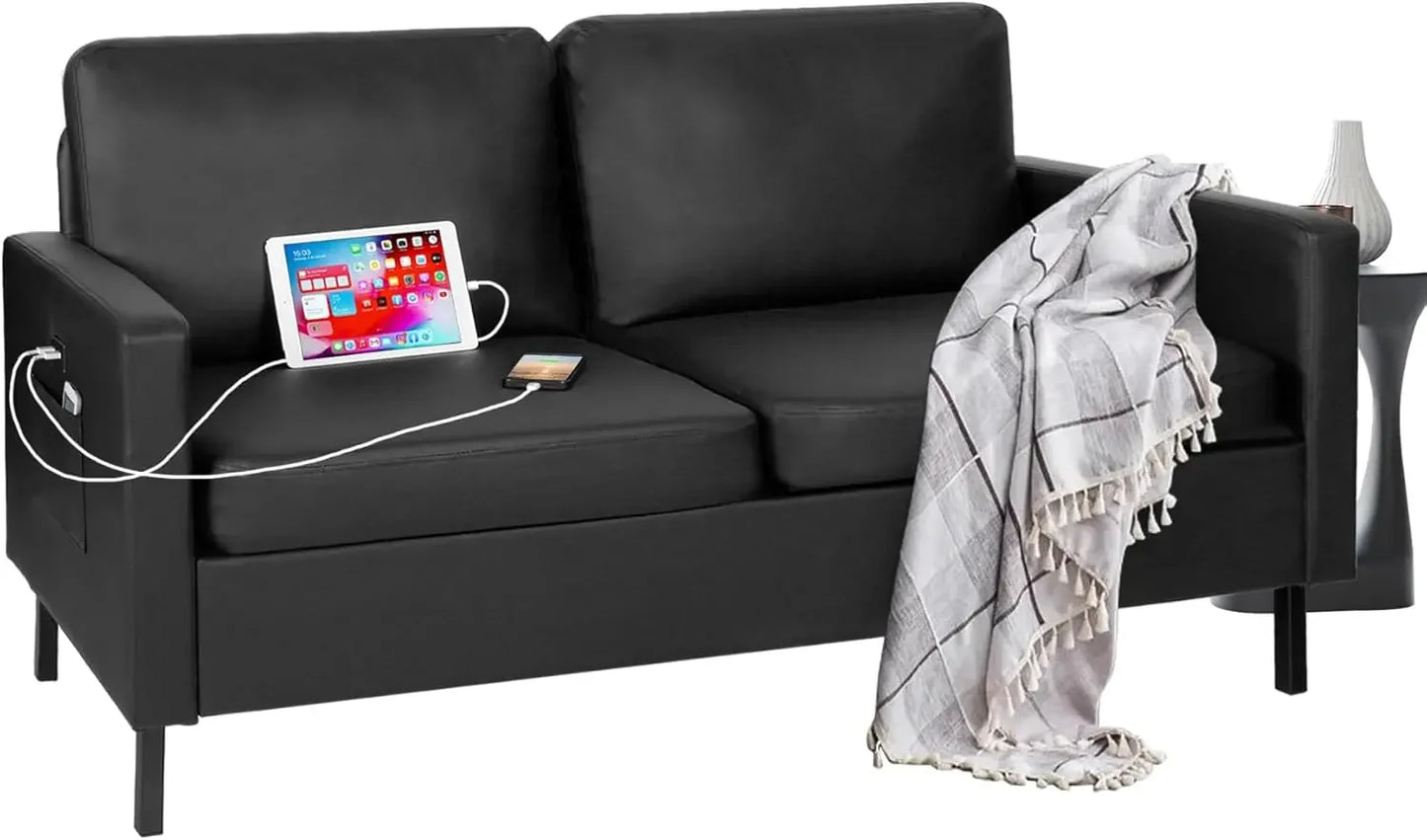 72" Faux Leather Sofa Couch with USB Ports & Storage for Living Room