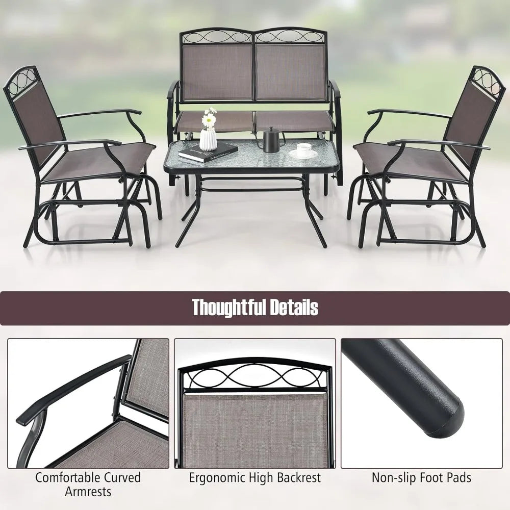4 Piece Outdoor Glider Chair Set Patio Furniture with Glass Table