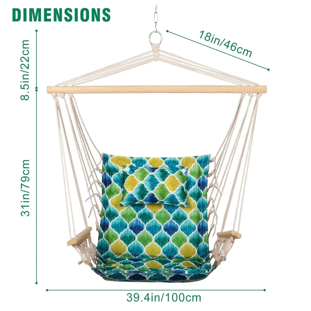 Hammock Chair with Pillow Wooden Arms Durable Poly-Cotton Indoor Outdoor