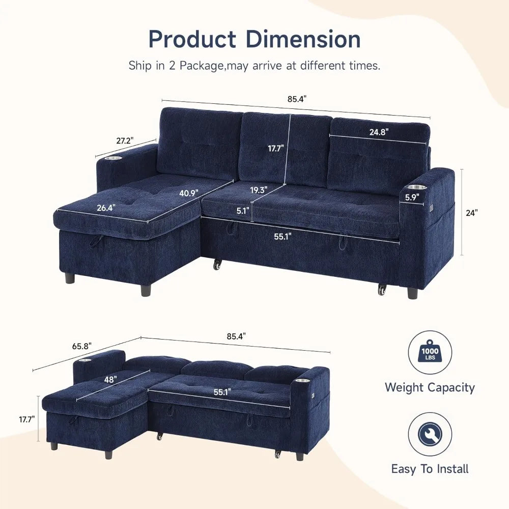 Ljustra Sleeper Sofa Pull Out Couch Bed with Storage Chaise