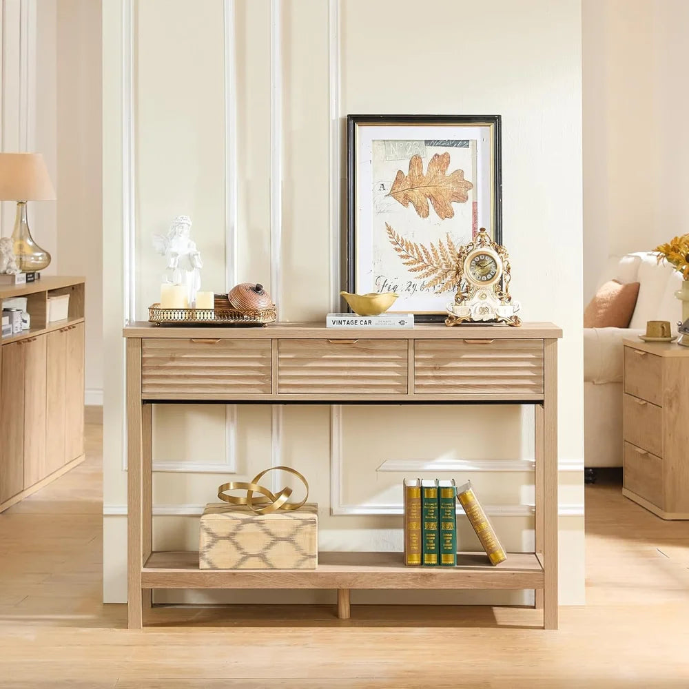 Modern Fluted Console Table 3 Drawers Wood Entryway Storage Shelf