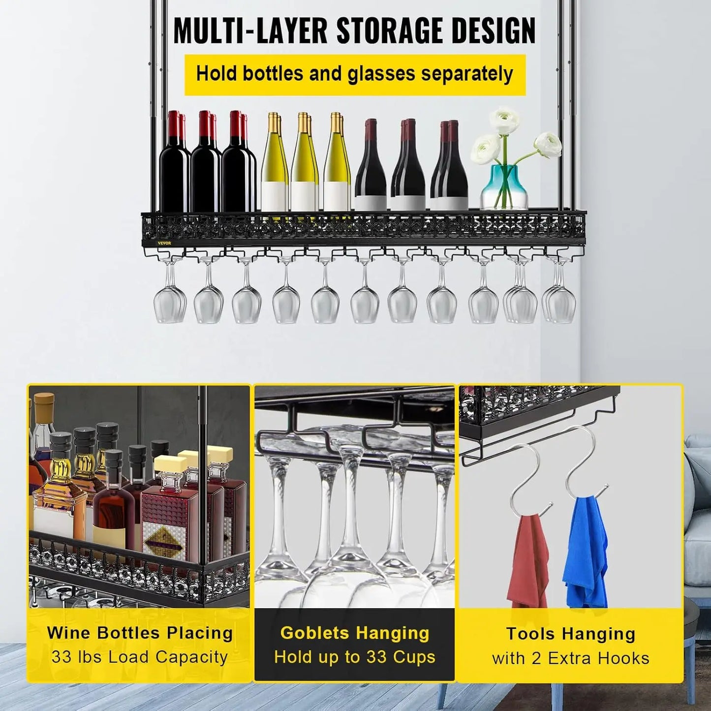 Ceiling Wine Glass Rack Adjustable 46.9 x 13 inch Hanging Wine Rack