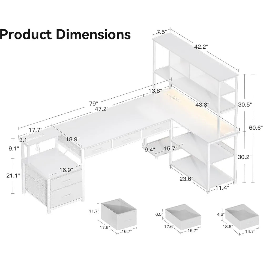 L Shaped Desk with File Drawers Gaming Desk with Power Outlets LED Lights