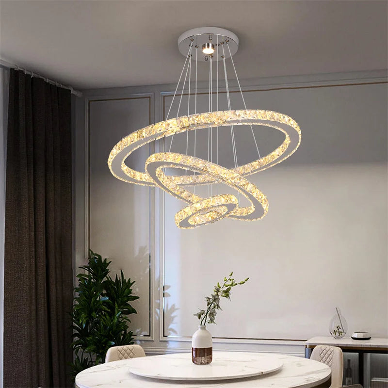 Modern Crystal Rings LED Chandelier Luxury Ceiling Lamp Remote Control