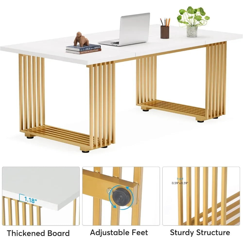 Ljustra 70.9" Modern Office Desk Wooden Computer Desk Gold Legs Workstation