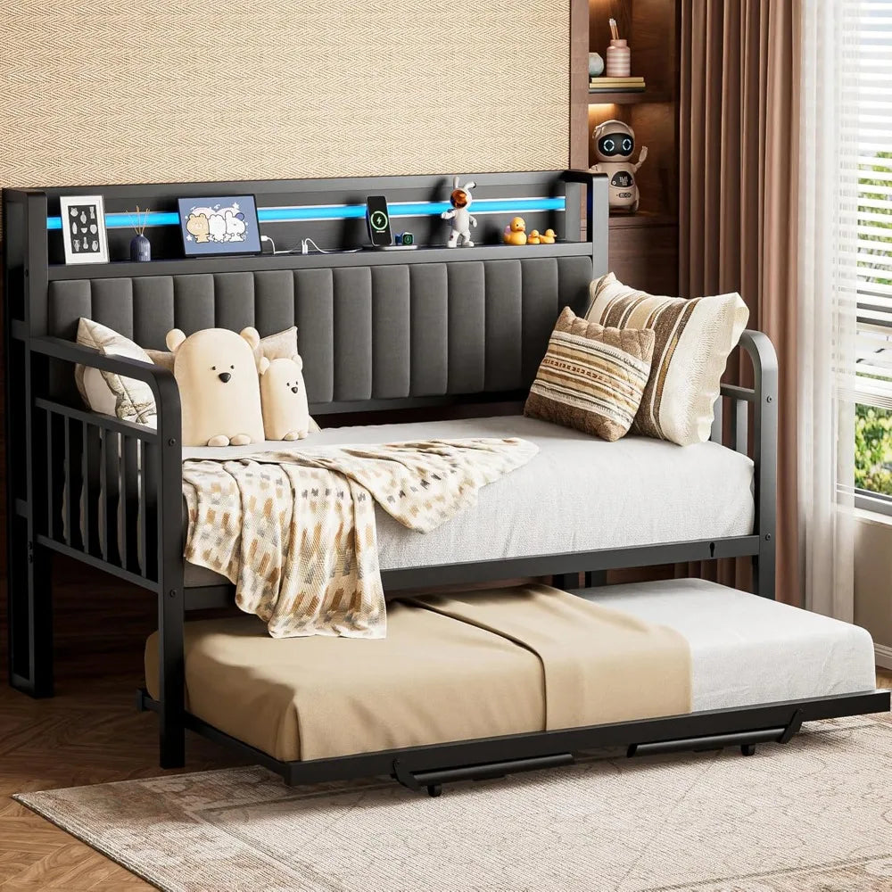 Twin Size Daybed with Trundle LED Lighting Upholstered Headboard Charging Station