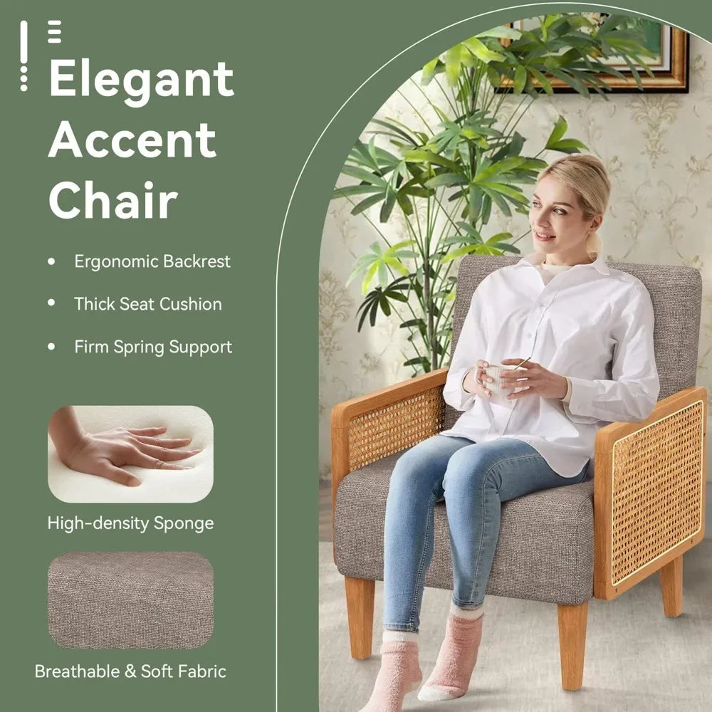 Mid Century Modern Accent Chair Rattan Oak Wood Upholstered Armchair