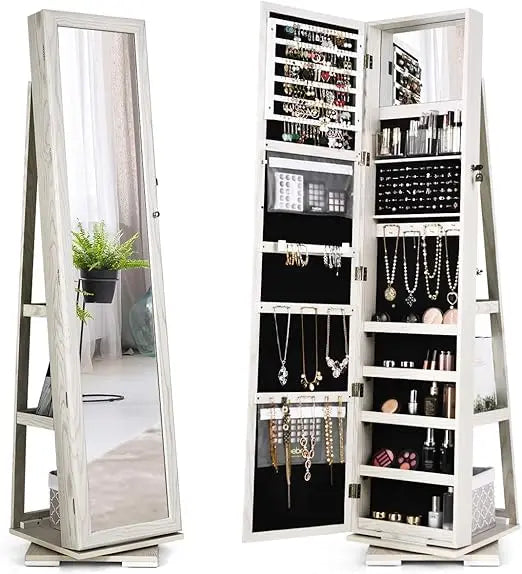 360° Swivel Jewelry Armoire Full Length Mirror Lockable Cabinet Organizer
