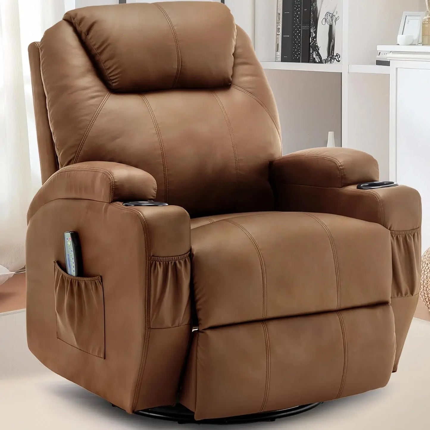 Rocker Recliner Chair with Massage and Heat 360° Swivel Cup Holder