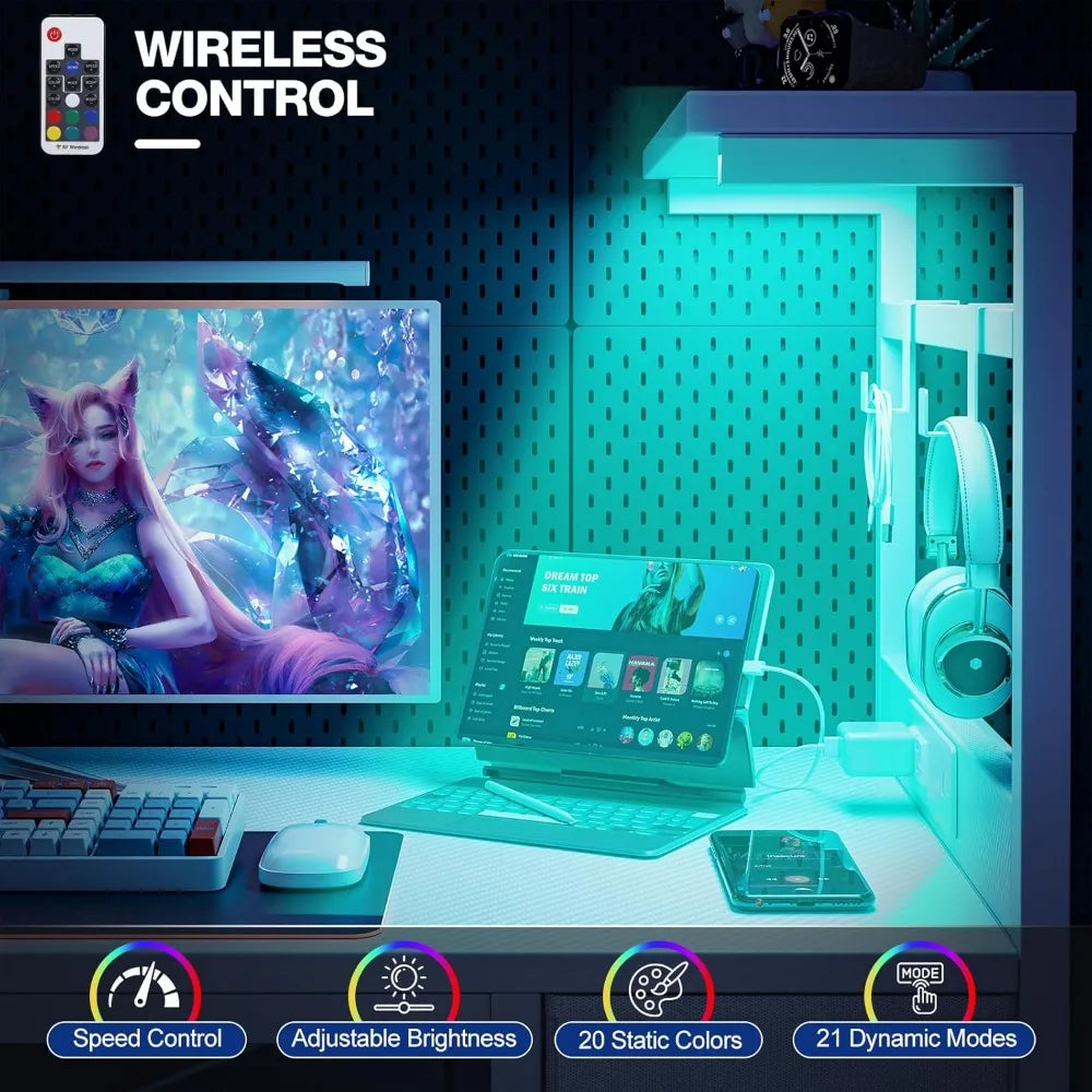 Gaming Desk 47 Inch with Power Outlet LED Light and Storage Drawer