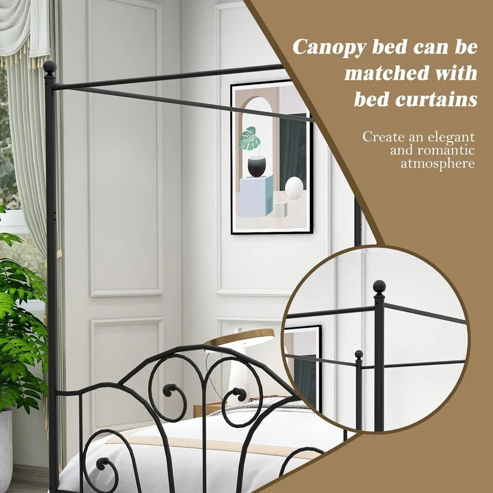 Full Size Four-Poster Metal Canopy Bed Frame with Headboard and Footboard