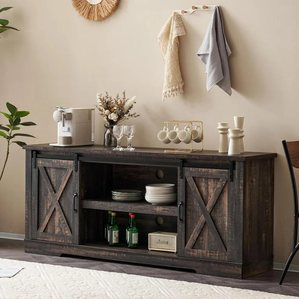 66 Inch Farmhouse TV Stand for 75 Inch TVs with Sliding Barn Door
