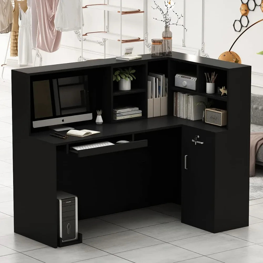 L-Shape Reception Desk with Open Shelf and Drawers Wooden Office Table