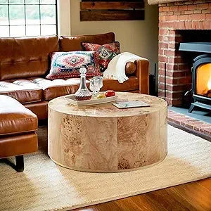 Round Wood Coffee Table Set of 2 Handcrafted Modern Accent Tables