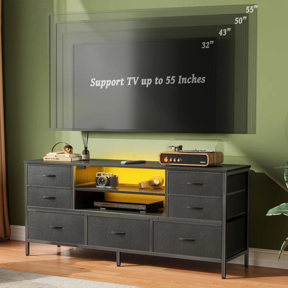 Modern TV Stand with Power Outlets LED Lights 7 Drawer Console