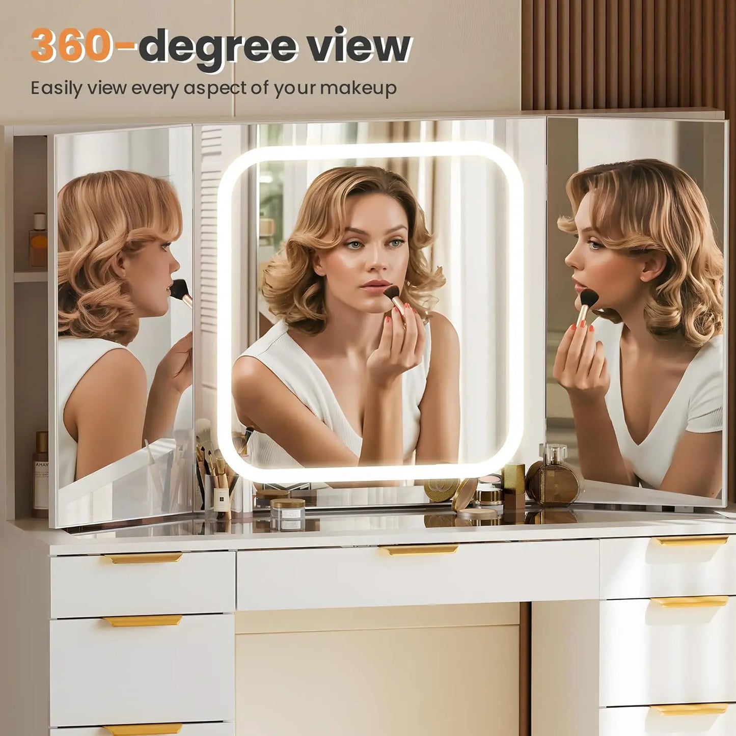 11 Drawer Vanity Desk with Foldable Mirror LED Lights and Gold Handles