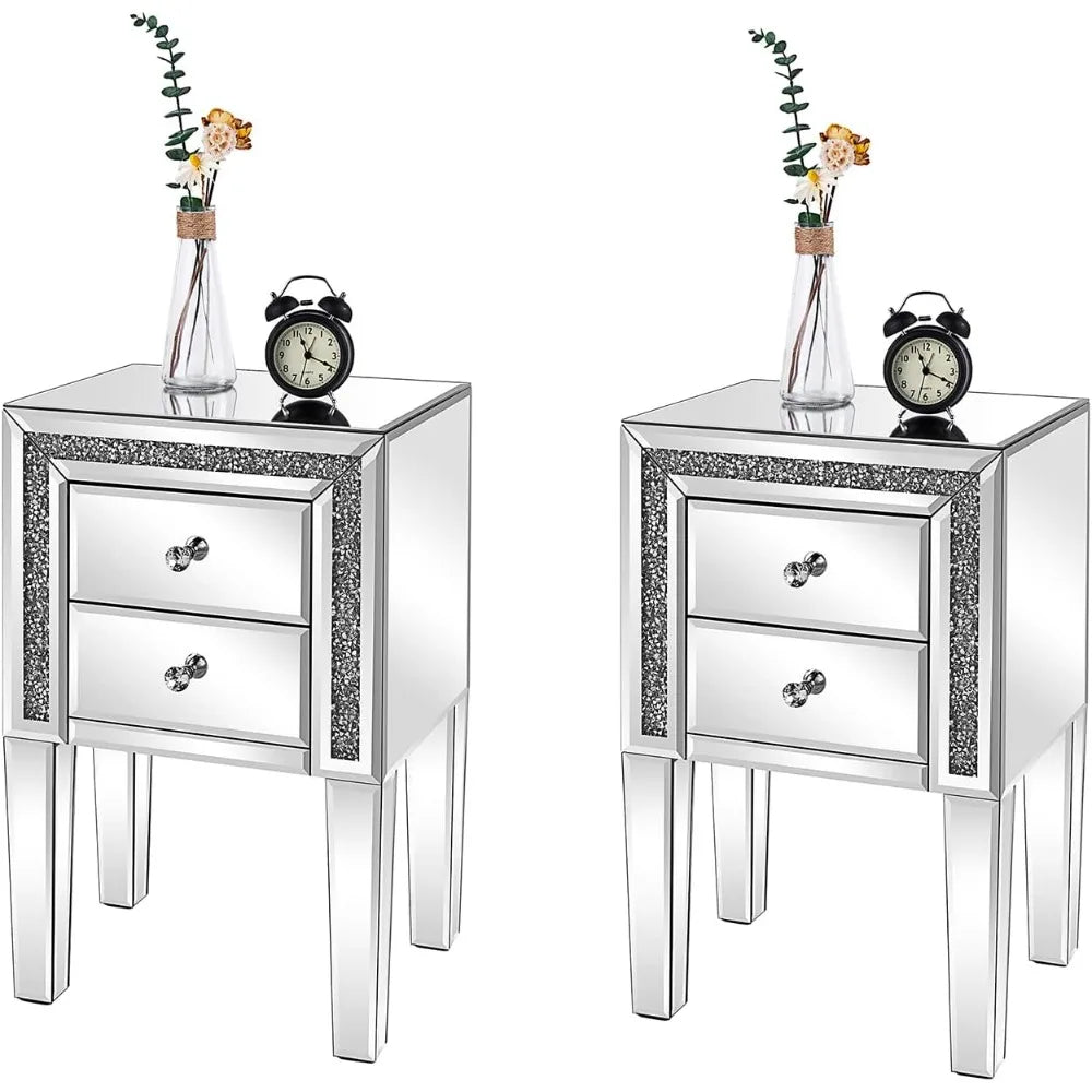 Mirrored Nightstand Set of 2 Modern Glass End Tables with Storage