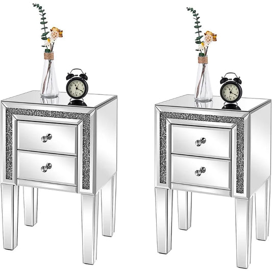 Mirrored Nightstand Set of 2 Modern Glass End Tables with Storage