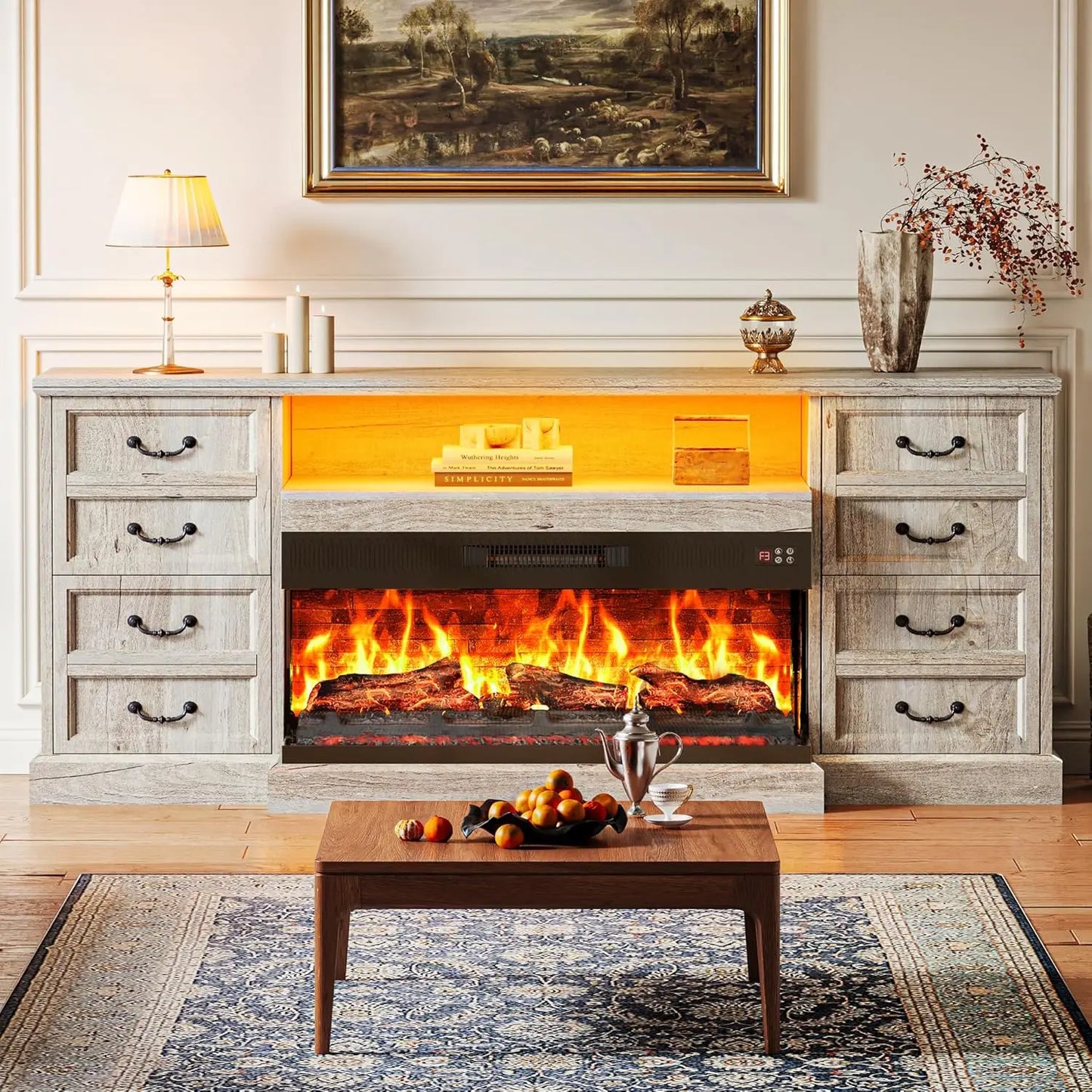 Fireplace TV Stand for 75 Inch TV 3-Sided Glass Entertainment Center