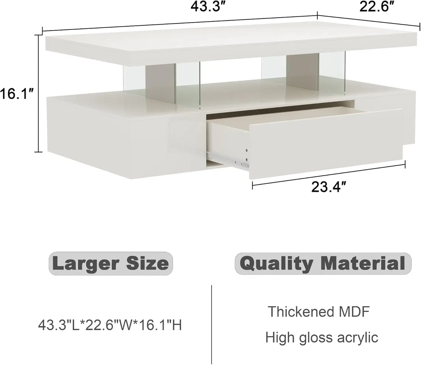 Modern LED Coffee Table High Gloss Storage Drawer Living Room Bedroom