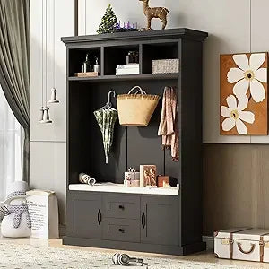 Modern Shoe Rack Bench Hall Tree Entryway Coat Rack 3-in-1 Storage
