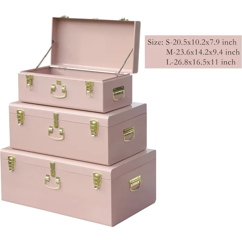 Decorative Box Set 3 Metal Trunks Chest Storage with Lock for Home Decor