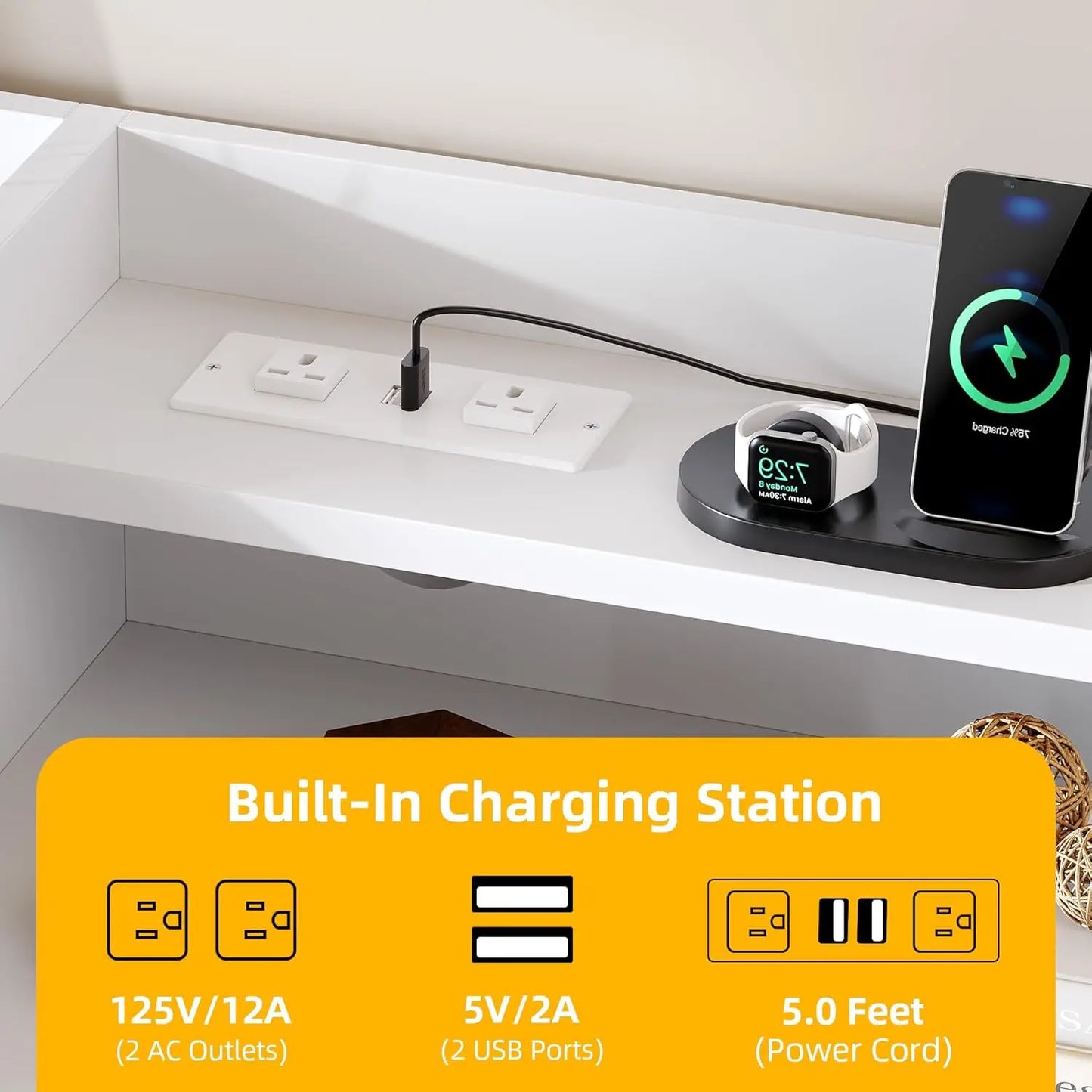 6 Drawer Dresser LED Light Charging Station Modern Storage Cabinet