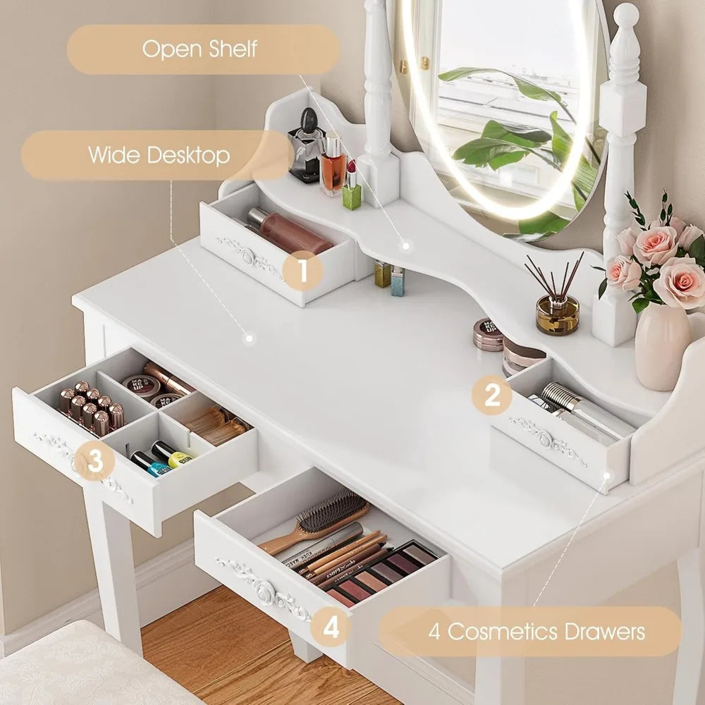 Modern Vanity Desk Set with Mirror Lights Makeup Table 4 Drawers